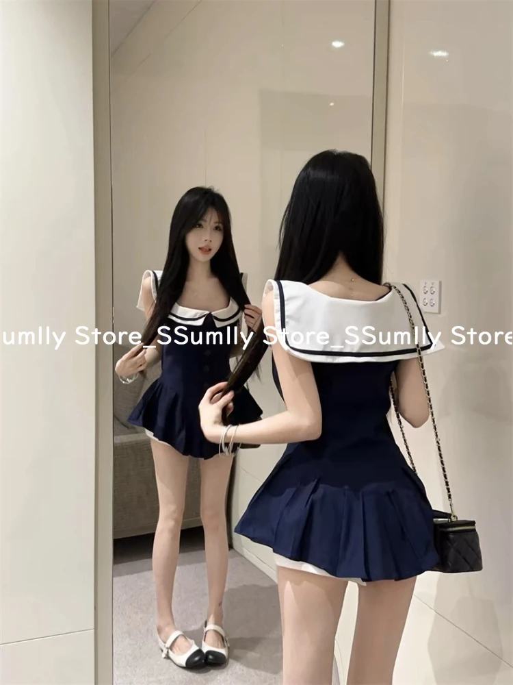 قطع علوية صيفية ضيقة على طراز Preppy لعام 2025 للسيدات بياقة بحار كحلي أنيقة بطيات سترة علوية بتصميم أنيق ملابس جديدة مرقعة #6