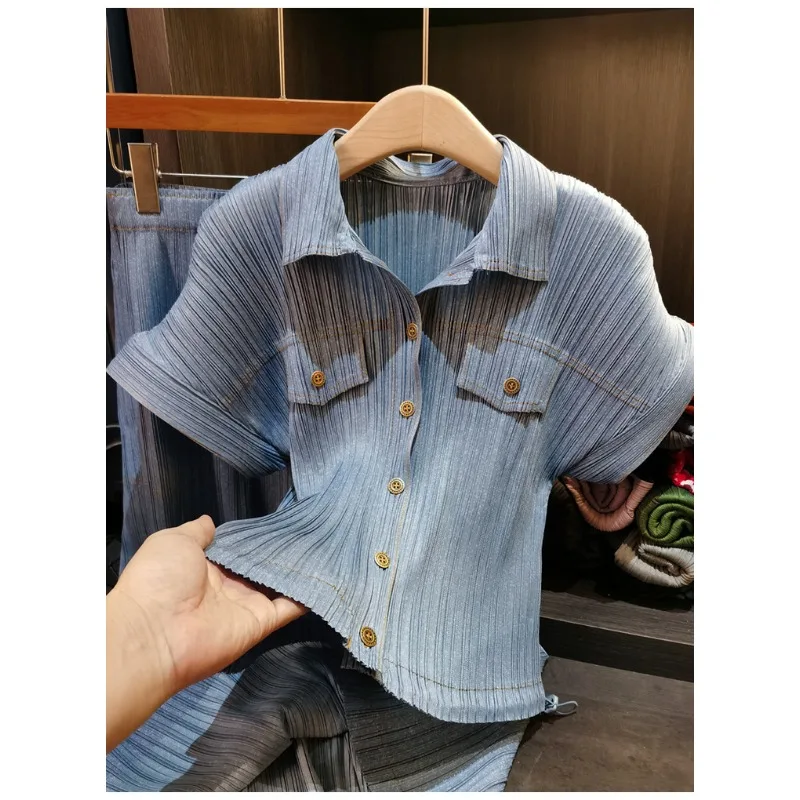 مياكي مطوي تنورة مجموعة خمر قميص دينيم فو بوستير أضعاف Jupe الطيات مجموعة 2026 ربيع جديد أعلى + ألف خط تنورة 2 قطعة الإناث