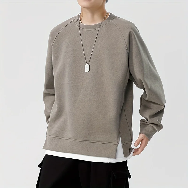 Men Sweatshirt Relaxed Fit Color Block Crew Neck Sweatshirt Active Sweatshirts Long Sleeve Casual Fake Two-Piece Hem Top