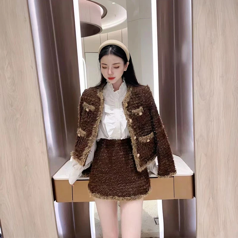 Real-shot Sophisticated Set for Women, Autumn/winter 2023 New Tweed-style Furry Jacket with High-waist Fur-trimmed Short Skirt