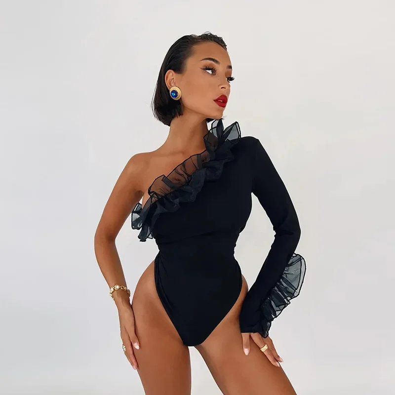 2023 herfst winter vrouwen sexy bodycon bodysuit een schouder effen body tops met lange mouwen voor vrouwen