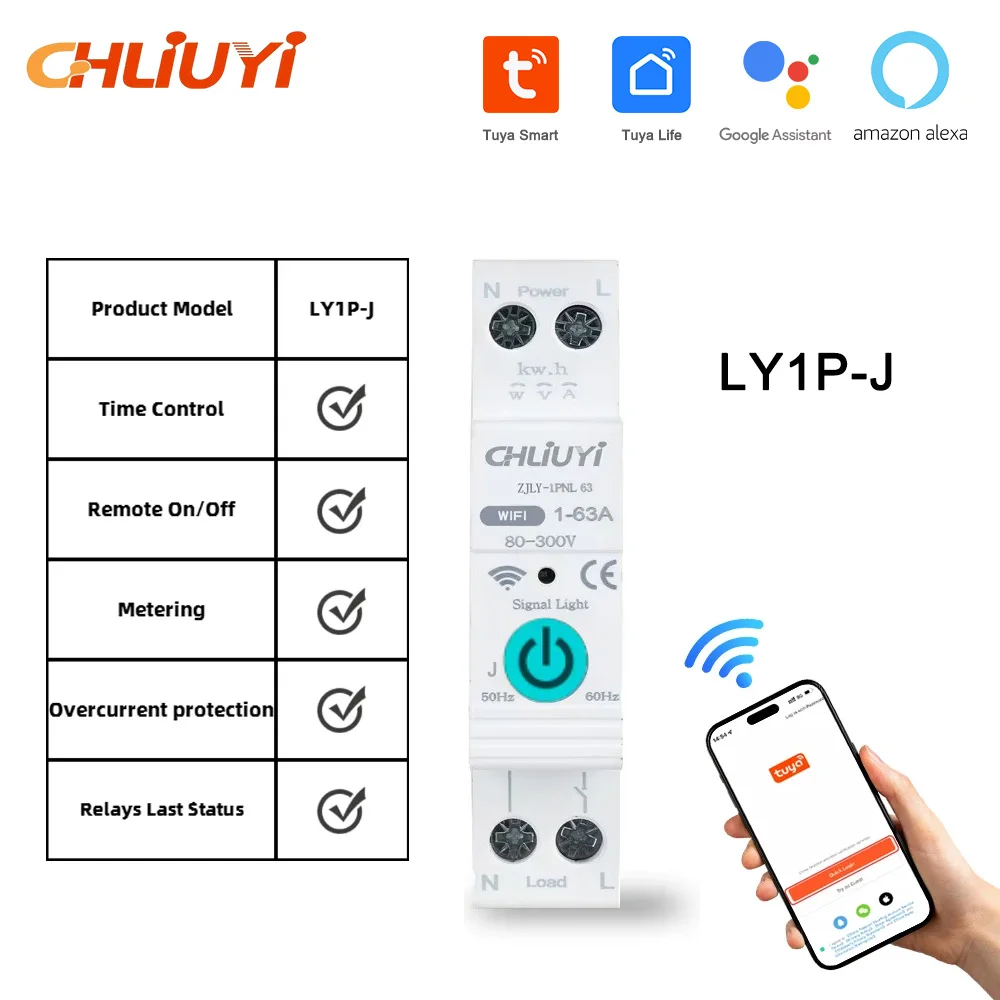 1P+N WIFI Circuit Breaker 63A Din Rail Mounting Relay Miniature Household Switch Voice Remote Control Smart Life Alexa