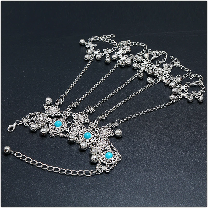 

Vintage Small bells Finger Bracelet Ornament Blue bead Hand Chain Link Rings Bracelets Fashion Dance Decoration Accessories Gift