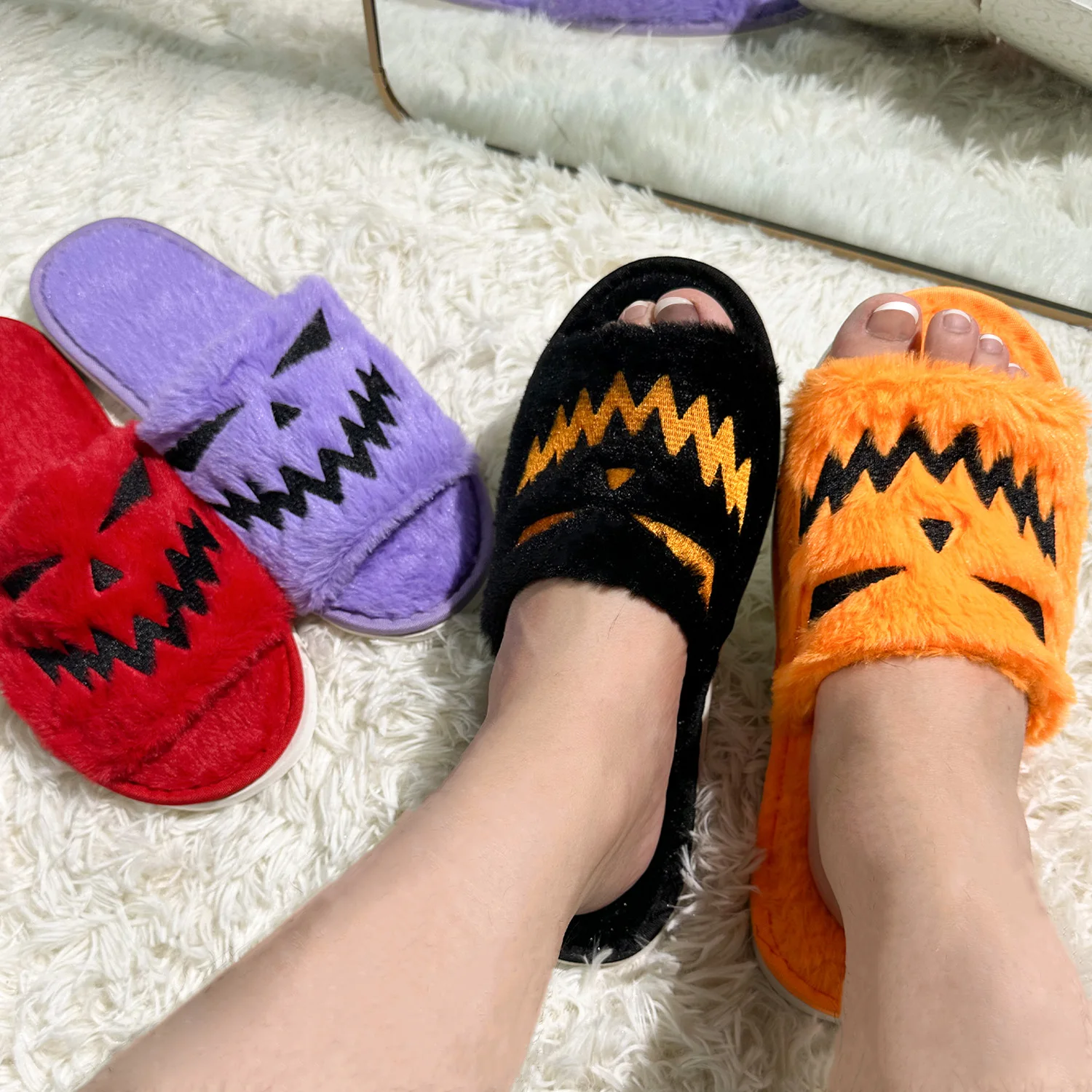 Cute Cartoon Pumpkin Print Fuzzy Slippers, Slip On Soft Sole Flats, Open Toe Non-slip Shoes, Plush Cozy Indoor Halloween Shoes