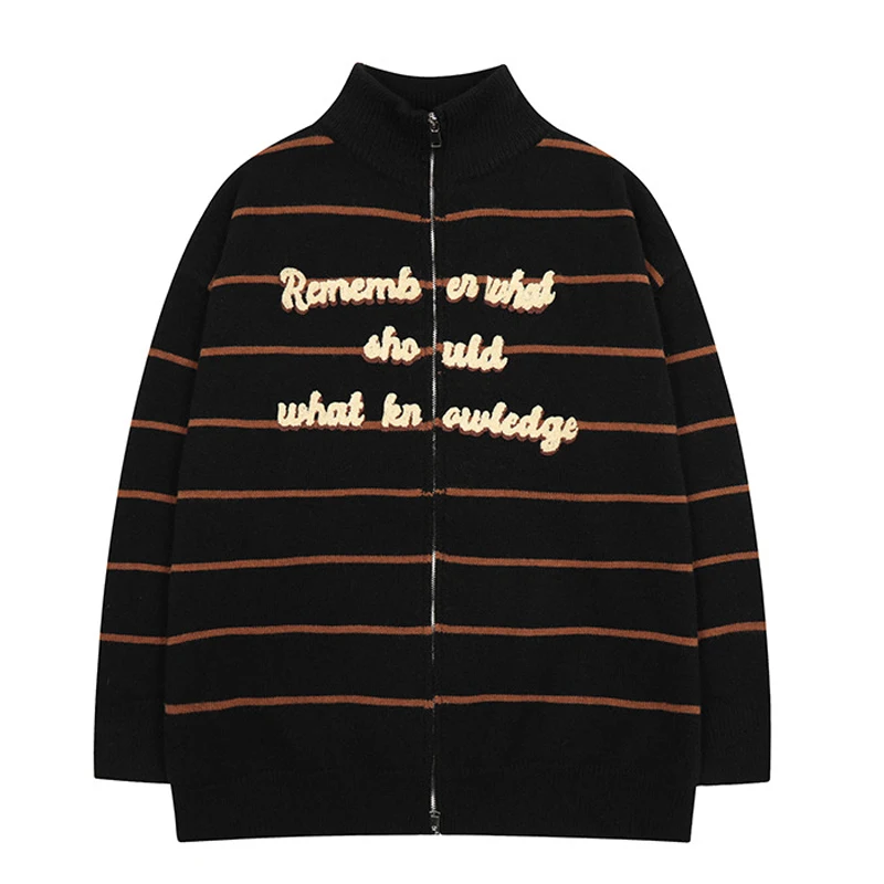 

2022 Men Hip Hop Sweater Cardigan Streetwear Striped Letter Embroidery Knitted Sweater Retro Vintage Autumn Sweaters Cotton New