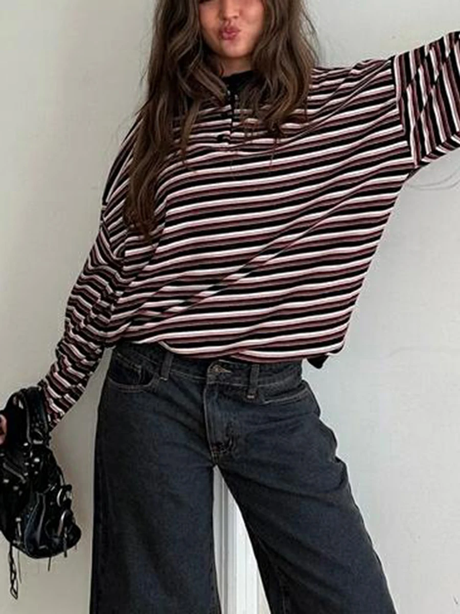 Women's Striped Sweatshirt Contrast Color Long Sleeve Button Lapel Neck Oversized Casual Pullover Tops