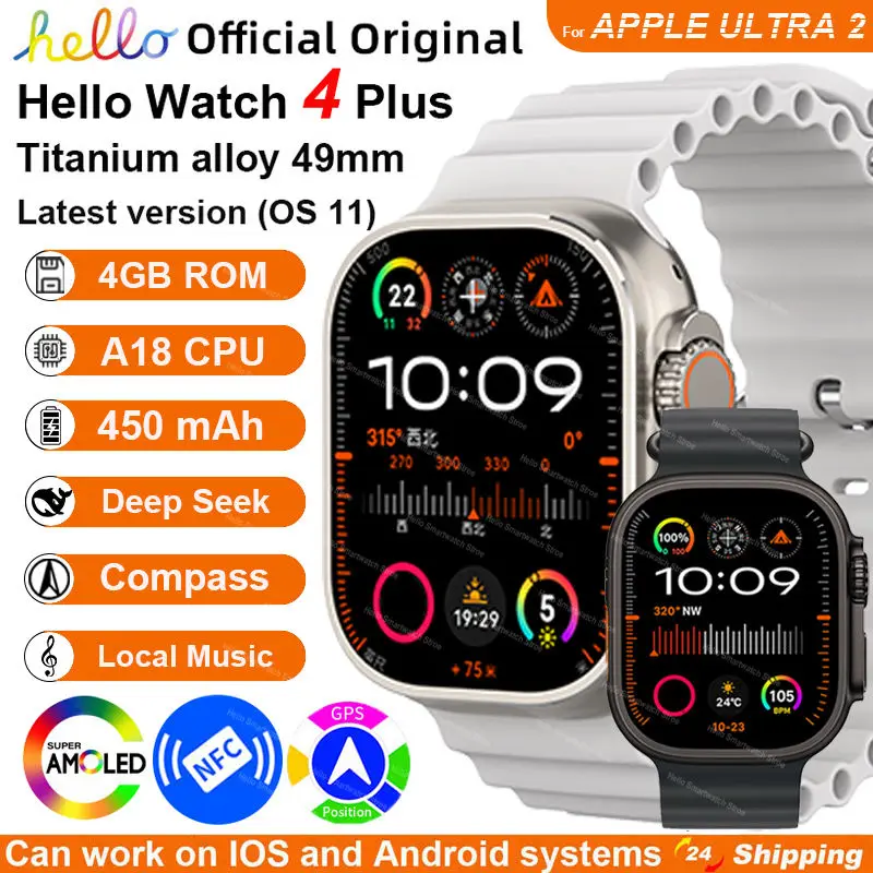 

Смарт-часы 2025 Original Hello Watch 4 Plus ULTRA 2 49 мм 4G ROM NFC GPT GPS Компас Часы Bluetooth Вызов Смарт-часы Мужчины 3 Plus
