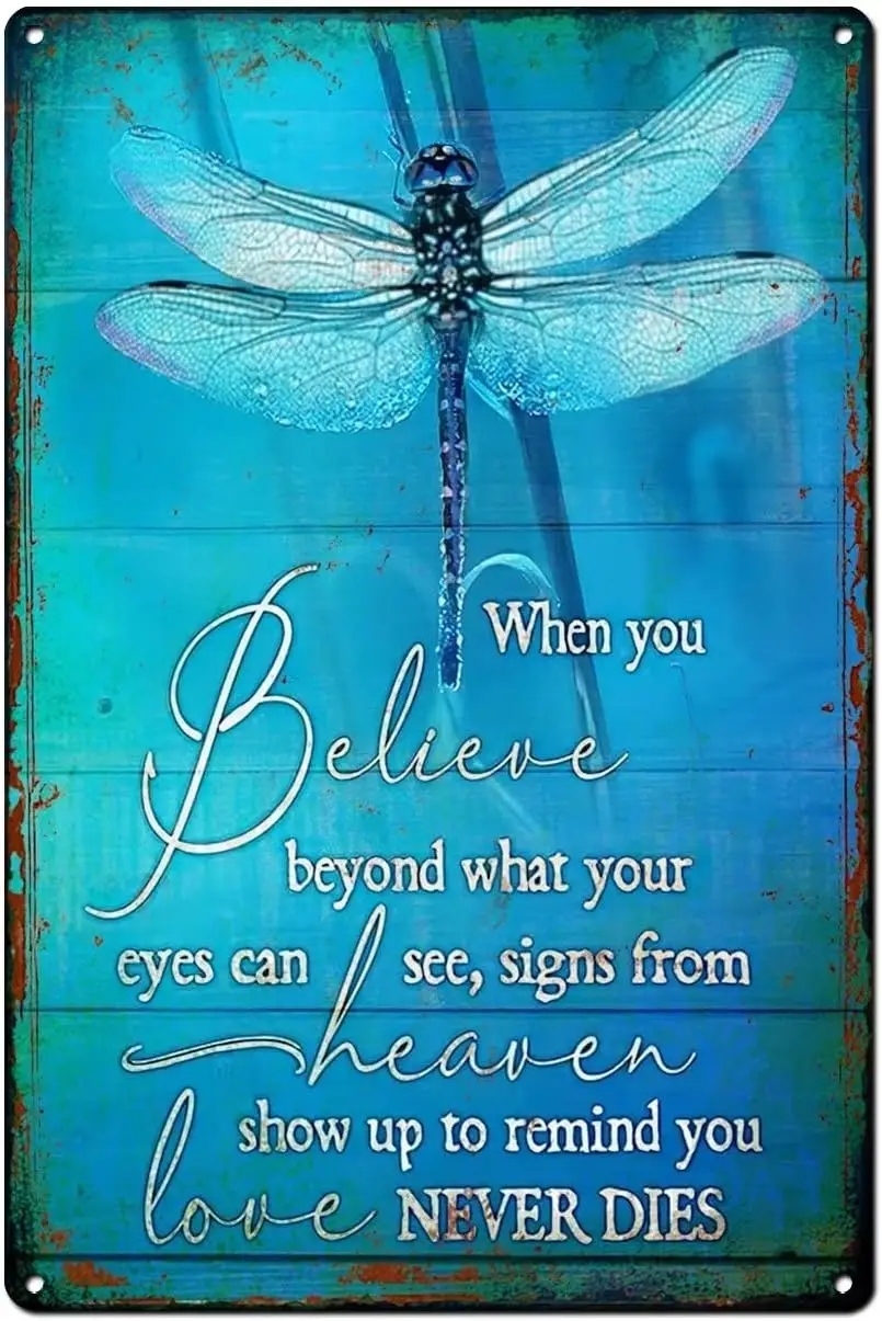 Funny Retro Metal Tin Sign，Dragonfly，When You Believe Beyond What Your Eyes Can See，Wall Art Farmhouse Sign Decor Birthday Weddi