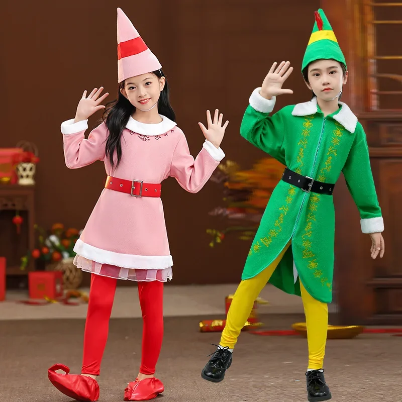 Christmas Children Costumes Princess Dress Warm Elf Cosplay Outfits Xmas Girls Boys Dance Role Play Stage Performace Full Set