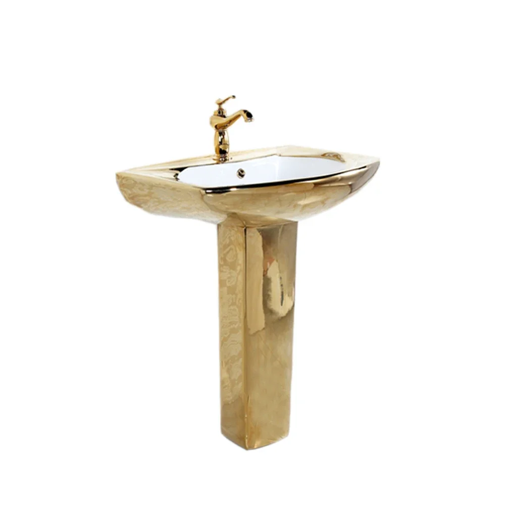 

z Luxury bathroom sanitary sink two pieces porcelain gold basin with pedestal