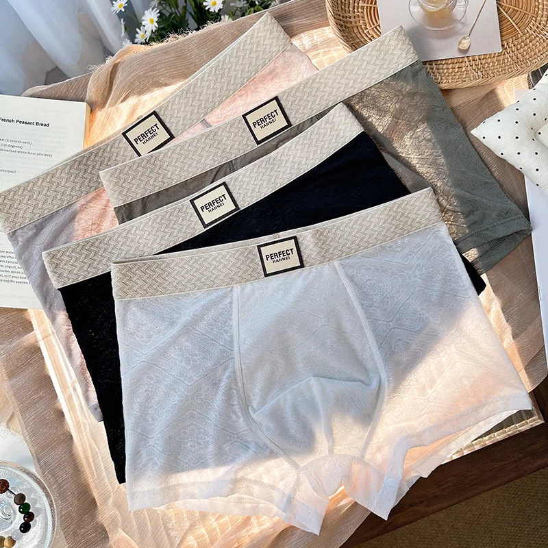Herren Ice-Silk Jacquard Boxershorts: Kühlend, Atmungsaktiv, Mittelhoch geschnitten, Boxershorts – Komfortabler und Schlichter Stil für Junge Männer