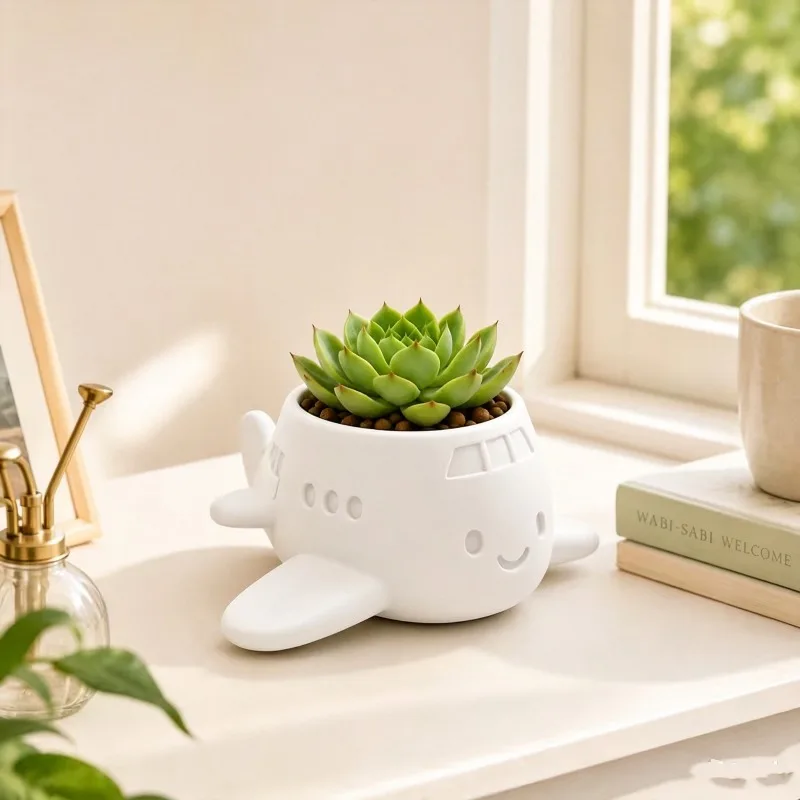 Cute Cartoon Airplane Shaped 3D Printed Succulent Planter Pot Mini White Aircraft Small Plant Container Desktop Windowsill Decor