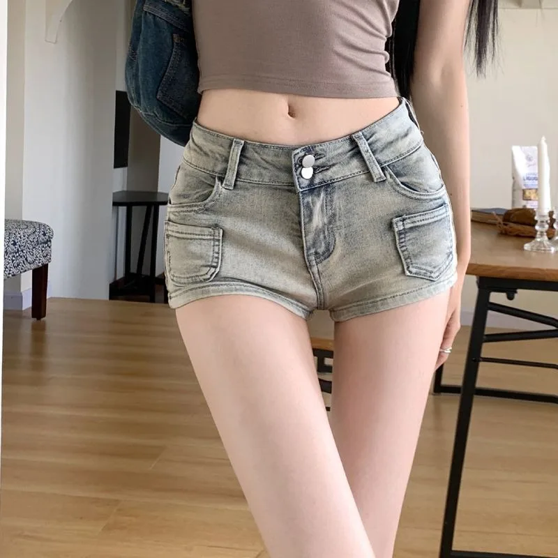 

Korean Style Hottie Low Rise Denim Shorts Summer Women's Feel Club Made Old Pocket Cotton Spring Straight Round Hip Denim Shorts