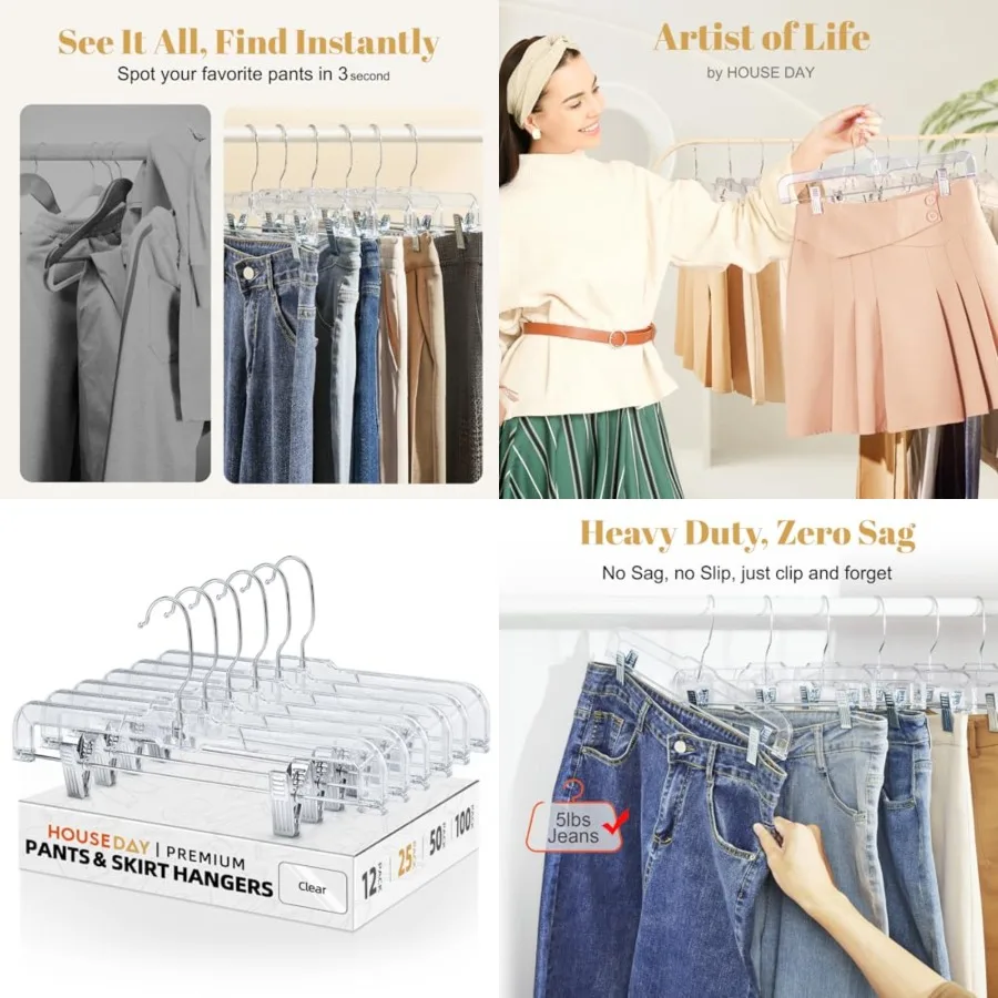 

Clear Skirt Hangers with Clips, Non-Slip Pants Hangers for Closet, Clip Hanger for Pant, Skirts, Shorts, 14'' Clear Plastic Han