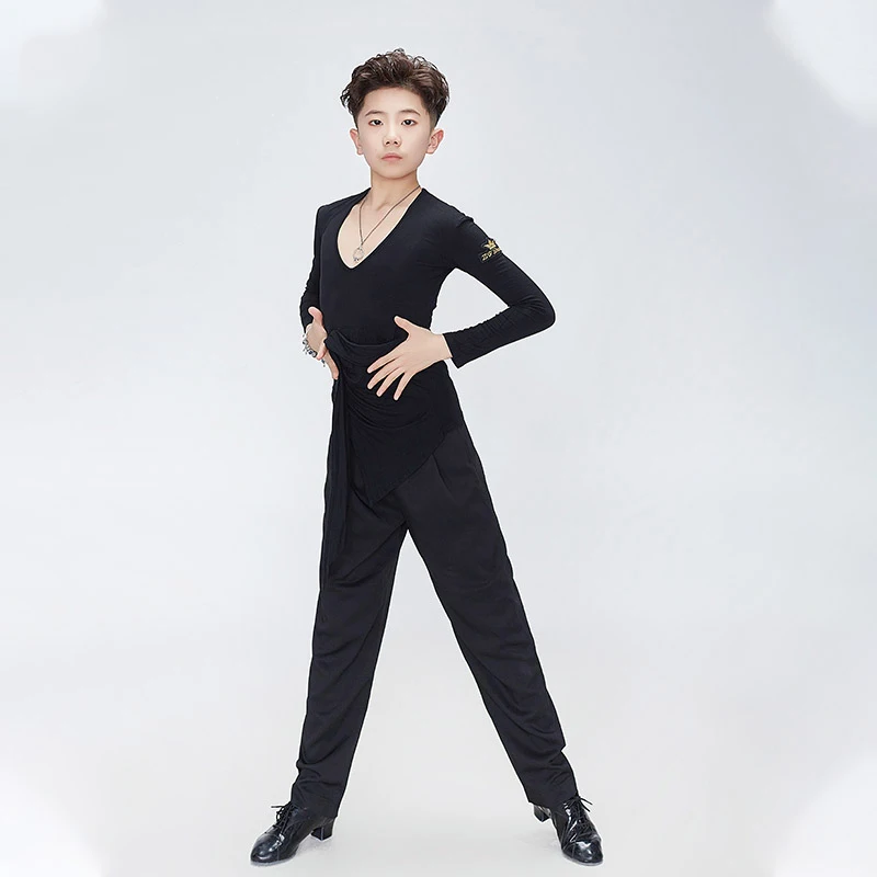 Black Deep V-Neck Long Sleeves Latin Tops Shirt Lace-Up Modern Dance Pants Boys Latin Dance Costume Ballroom Daancewear SL6595