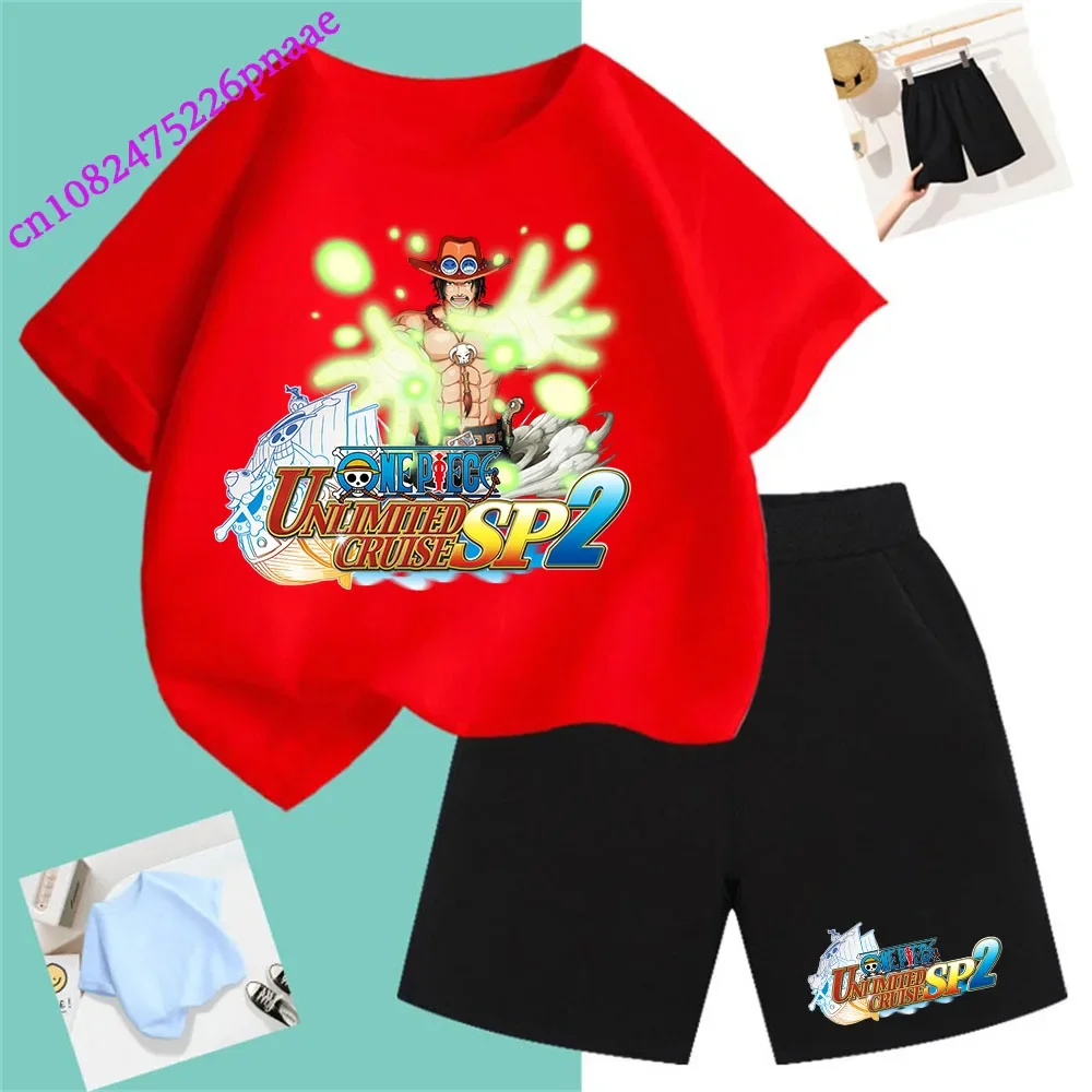 One Piece Pirate King Fashion Summer 2024 Cheap Girl Short T Shirt Kid Clothes Shorts Child Set Fashion Kawaii O-neck T-shirt