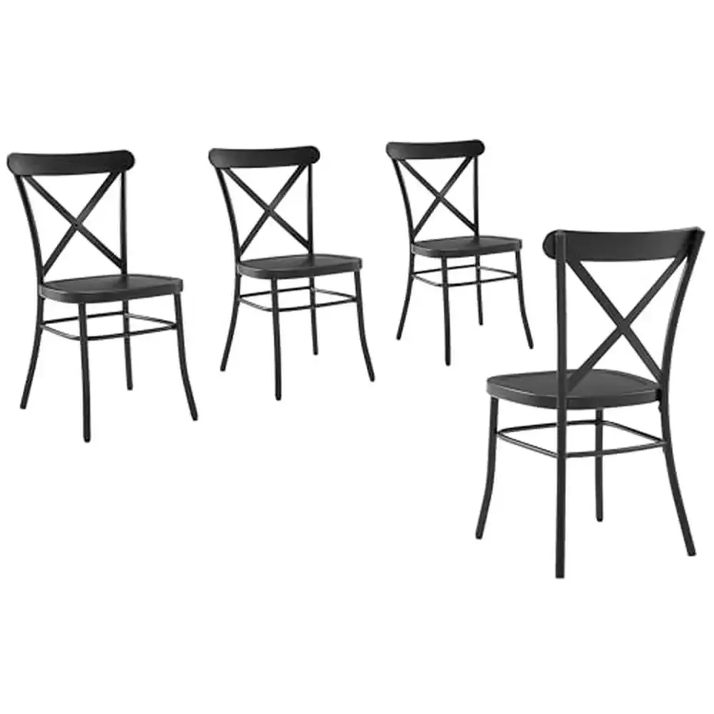 French Industrial Metal X Back Dining Chairs Set of 4 Matte Black Kitchen Chair Alloy Steel Rustic Farmhouse Design 19.25