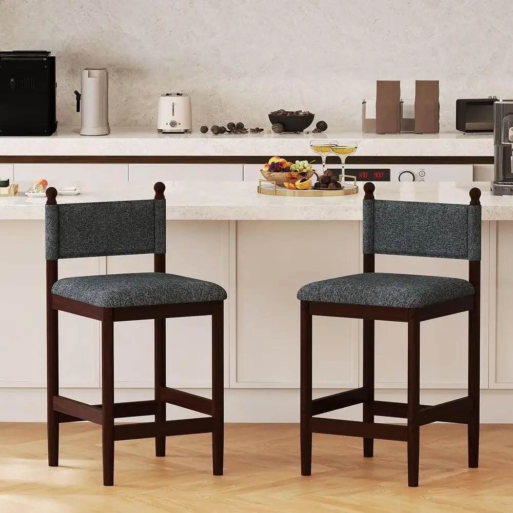 

Set of 2 26 Upholstered Bar Stools with Cushioned Seat and Back, Grey for Kitchen Island or Dining Room