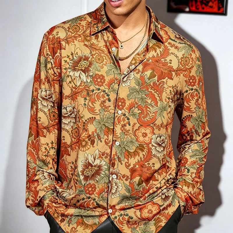 Men's 3D collared slim-fit long-sleeved shirt, caramel all-over floral print, flowy blouse, vacation cardigan top.