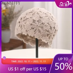 2022 Retro Literary Lace Flower Hollow Handmade Knitted Hat Spring Autumn Package Head Cap Female Sweet Fashion Wool Beanies