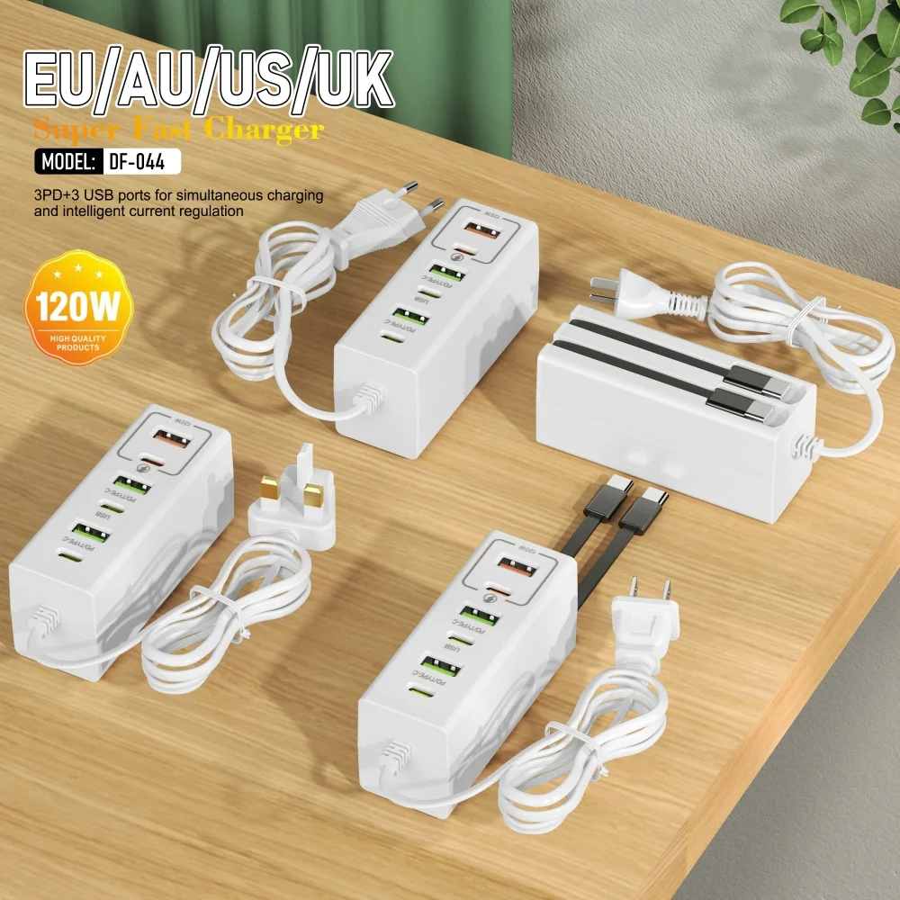 120W USB C Power Strip 6 Ports Fast Charging Phone Charger Socket Adapter For iPhone Samsung Xiaomi EU/US/UK Plug Wall Charger