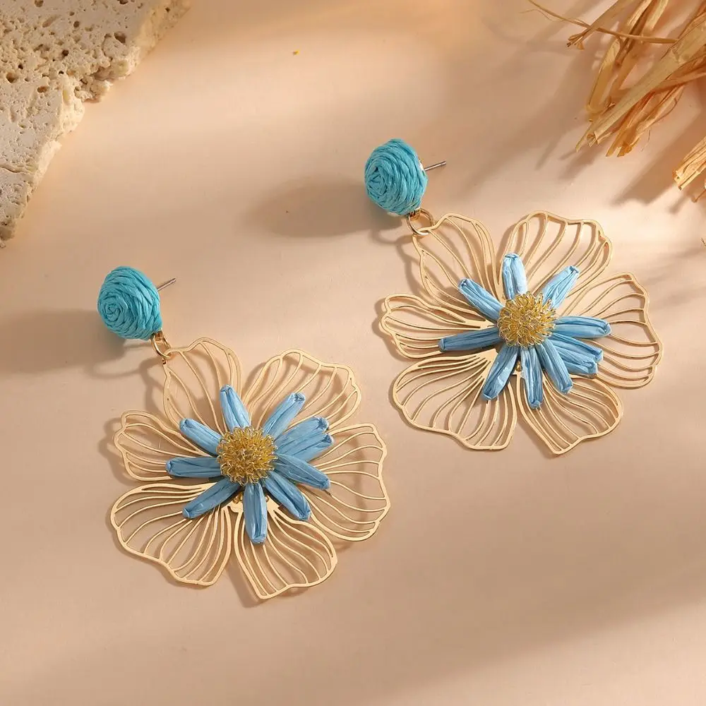 Summer Raffia Grass Flower Earrings Lafite Grass Hollow Out Straw Drop earrings Handmade Exaggerated Bohemian Earrings Party