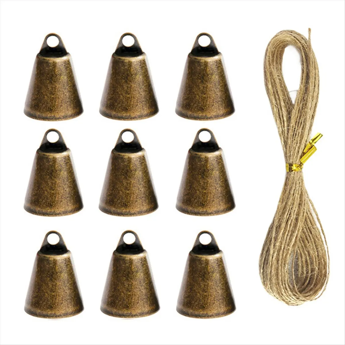 New arrival  Vintage Bronze Jingle Bells 9Pcs Set with Jute Rope Ideal for Crafts Christmas Decor
