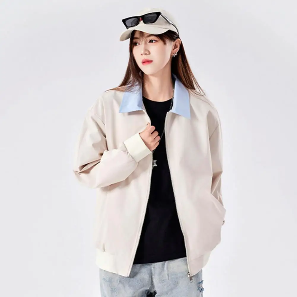 

Women Casual Coat Lapel Long Sleeve Patchwork Color Elastic Hem Jacket Zipper Placket Autumn Outwear