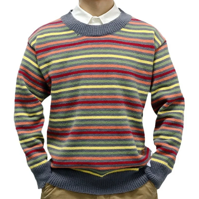 

2024 Autumn Winter rainbow striped Sweaters O-Neck Casual Slim Men's Knitted Pullovers Thick Warm knitwear Fashion Euro pullover