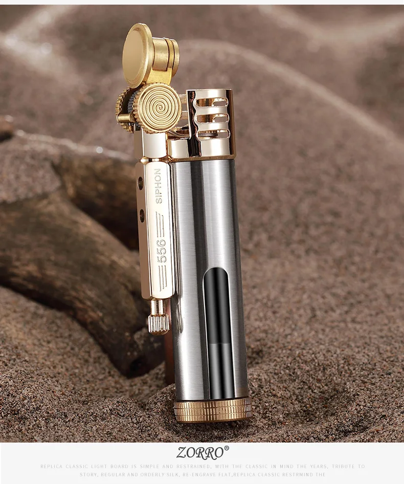 Zorro Transparent Fuel Tank Retro Lighter Motor Oil Metal Brass Grooved Kerosene Lighter Gasoline 73*23mm 46.5g Smoking