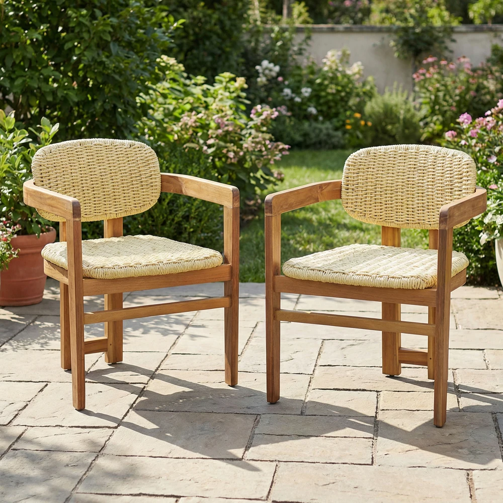 

2-Piece Outdoor Woven Rattan Armchair Set: Teak Finish + Natural Rattan for Patio & Garden