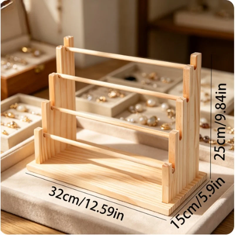 Vintage Wooden Stepped Jewelry Display Rack Storage Organizer Stand for Bracelets, Watches, and Hair Clips