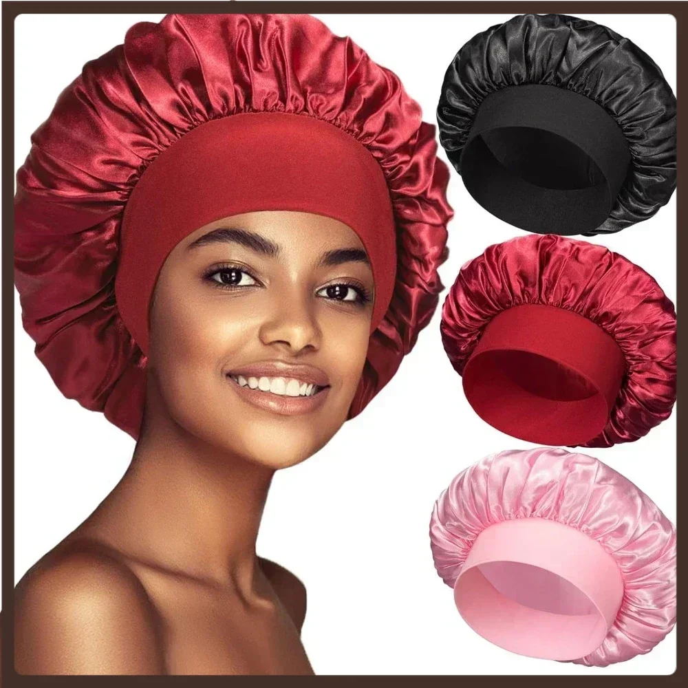 

New Women's Satin Solid Wide-brimmed Sleeping Hat Unisex Head Wrap Elastic Band Cap Hair Care Bonnet Night Hat bonnet de nuit