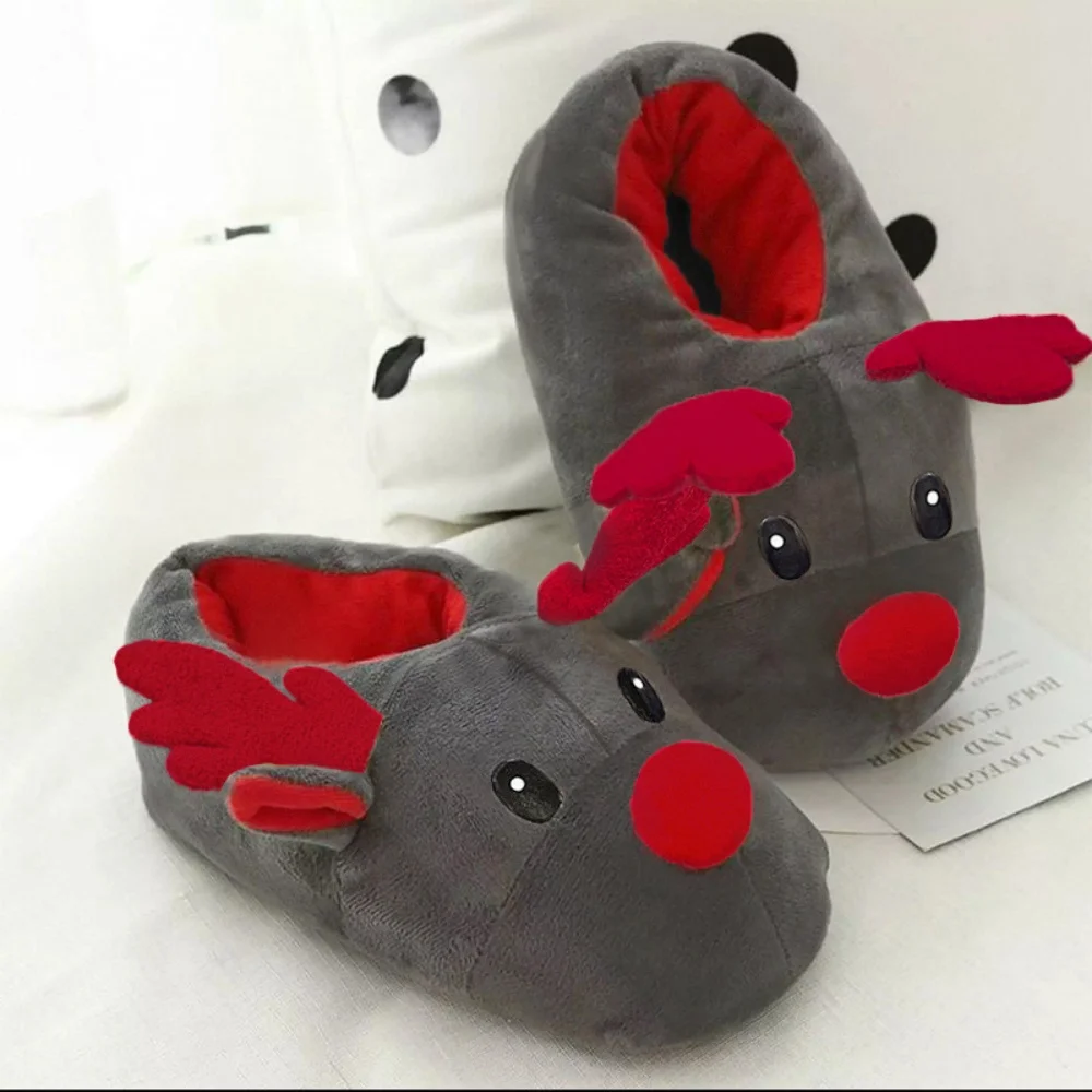 Fun Cute 3D Christmas Reindeer Plush Slippers Adult Warm Full Wrap Home Slipper Winter Xmas Holiday Gift Decorative Accessories