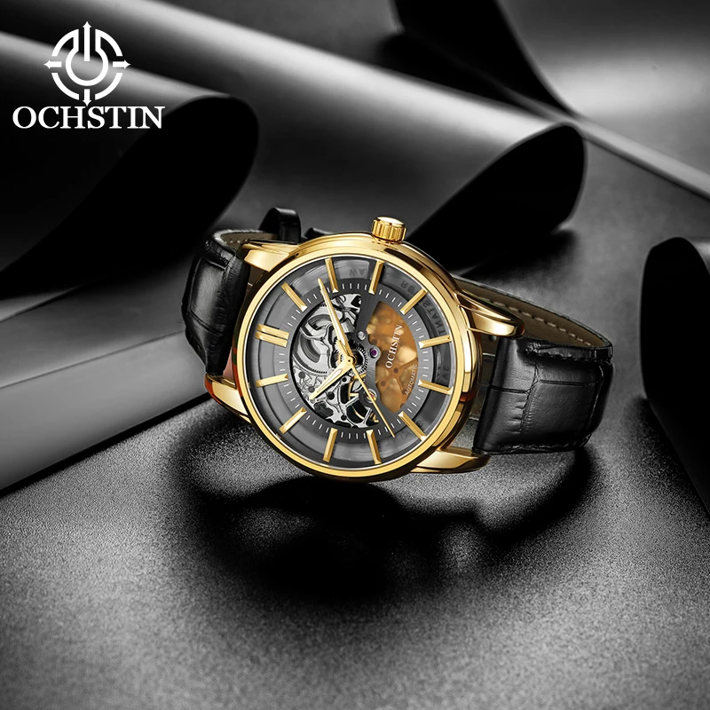 OCHSTIN Men Fashion Master Series Skeleton Watch Delicate Hollow Mechanical Movement Comfortable Leather Strap Waterproof Wrist