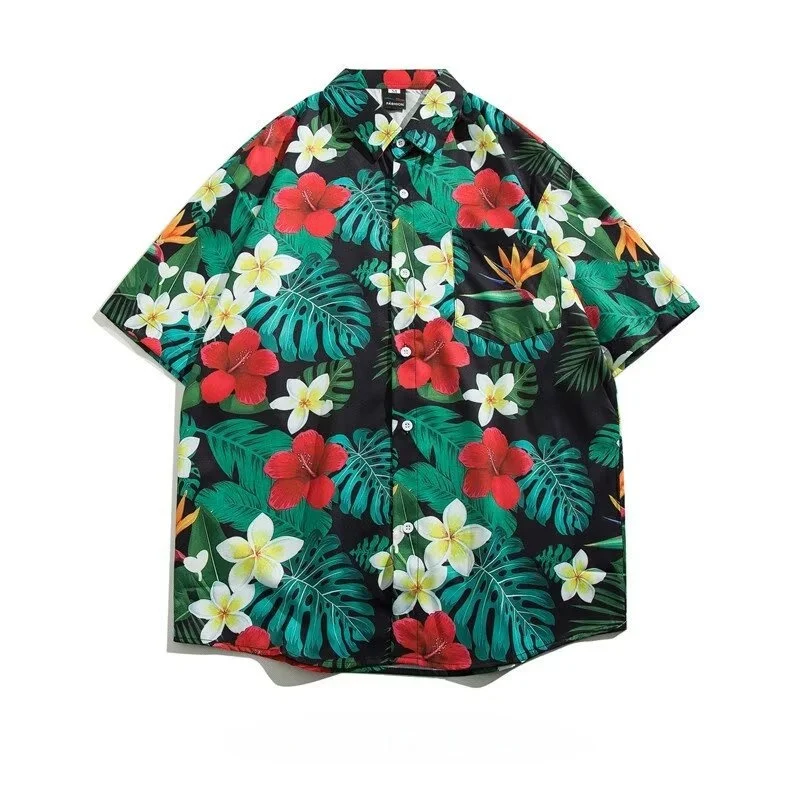 Summer Men's Retro Hawaiian Short Sleeve Floral Shirt Loose Handsome Beach Vacation Quick Drying Half Sleeve Flower Shirt