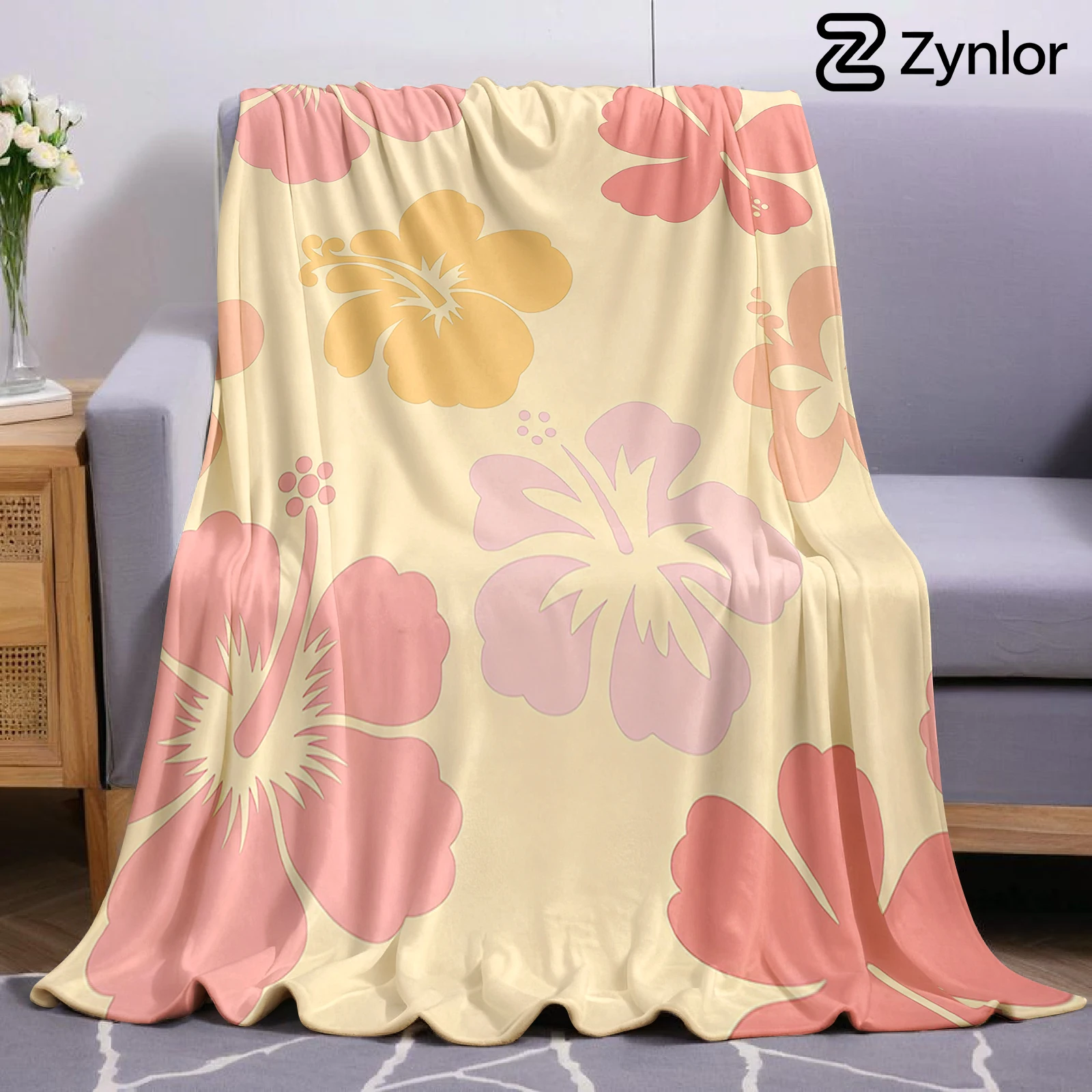 Pastel Hibiscus Flowers Lightweight Microfiber Flannel Blanket Soft Warm Cozy Throw All Season for Bed Sofa Office Travel Gift