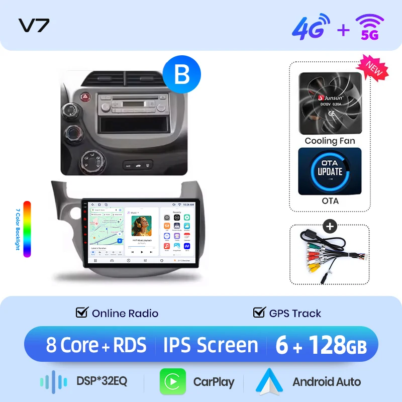 Junsun draadloze CarPlay Android Auto autoradio voor Honda Jazz Mk2 (GE) 2007-2014 met ingebouwde koelventilator, Android GPS navigatie, multimediaspeler, WiFi, DSP, RDS, BT, SWC, IPS touchscreen,