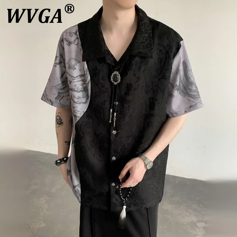 

WVGA Spring Summer New Man High Street China-Chic Jacquard Spliced Half Lengh Sleeve Shirts Niche Trendy Casual Shirt Ins W9625