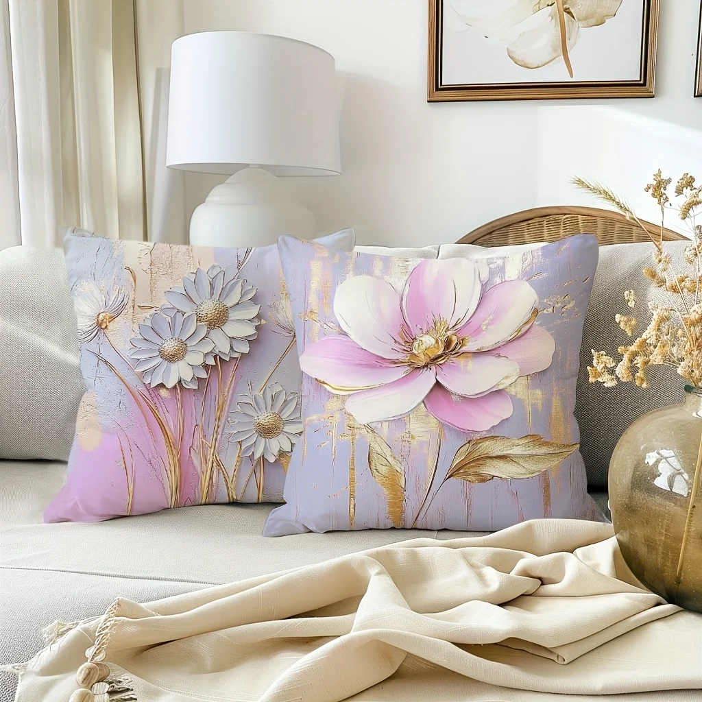 4-Piece Set, Bohemian Pink Floral Butterfly Pizza Abstract Gold Feather Comfortable Home Decoration Pillowcase, * 18 Inches,