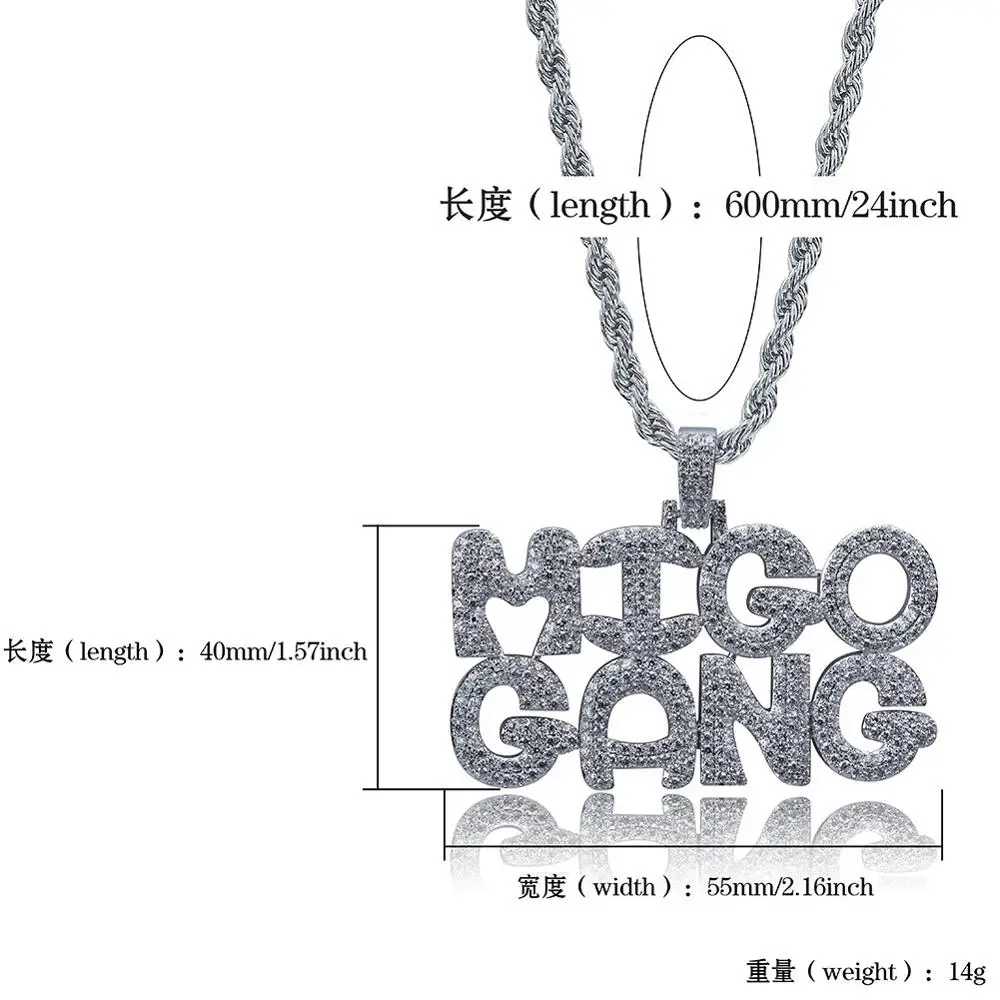 Hip Hop AAA Cubic Zirconia Paved Bling Iced Out MIGO GANG Letter Pendants Necklace for Men Rapper Jewelry Gold Silver Color