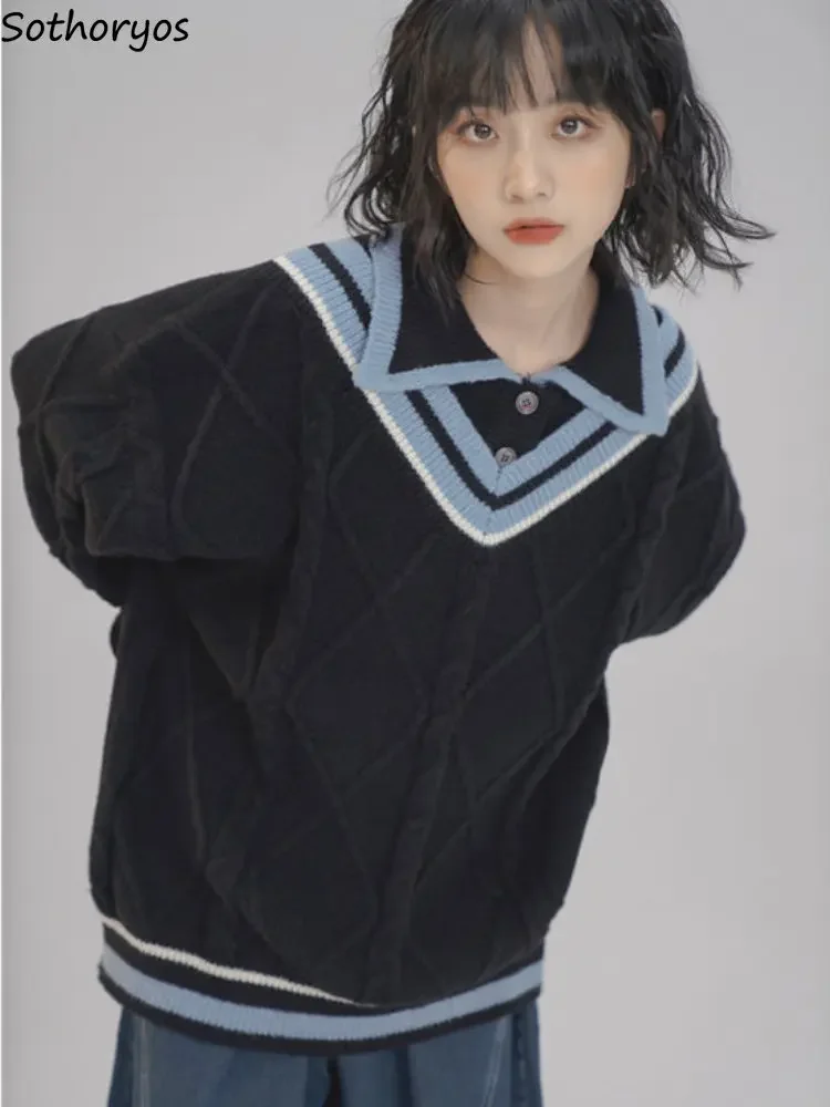 

Pullovers Women Leisure Loose British Preppy Style Turn-down Collar Classic New Autumn Vintage Sweater Streetwear Chic Students