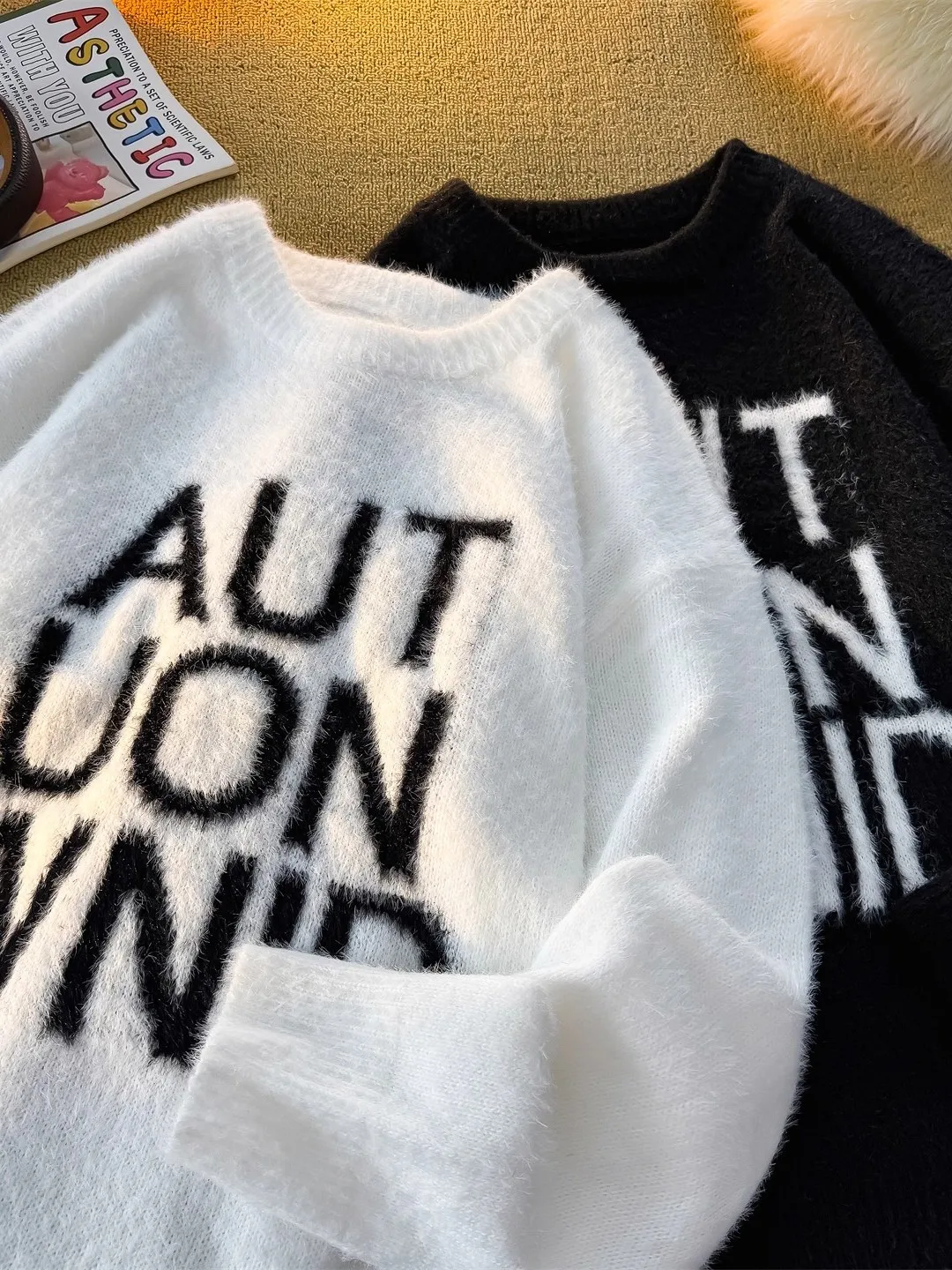 

American Sle Letter Embroidery round Ne Fake Mink Sweater Men's Autumn Winter Soft Plu Knitted Loose Fit for Couples