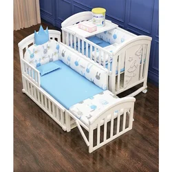 Kinderbett aus massivem Holz, europäisches weißes abnehmbares Baby-BB-Multifunktionswiege für Neugeborene, Spleiß-Queen-Size-Bett für Kinder