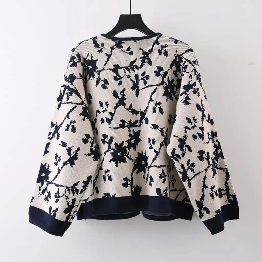 봄 신상 여성 일본 예술적 빈티지 자카드 가디건 브이넥 니트 스웨터 재킷 루즈 레이지 스타일