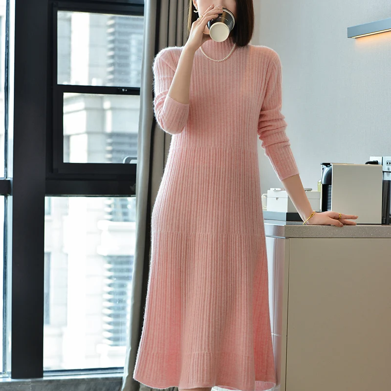 

100% Australian wool knitted long sleeved pullover women's sweater dress, high-end and comfortable long style new women's sweate