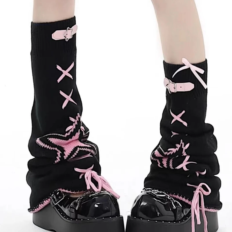 Spring Autumn New Women's Socks Pink Leather Buckle Fashion Strap Calf Warm Leg Warmers Versatile Skinny Stacking Hosiery Ladies