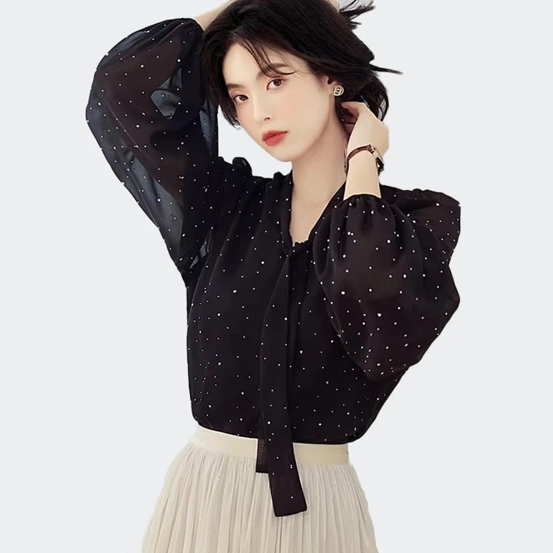 

New French Style Autumn Polka Dots Chiffon Blouses Women Long Sleeve Bow Collar Vintage Loose Shirts Female Casual Clothing 2025