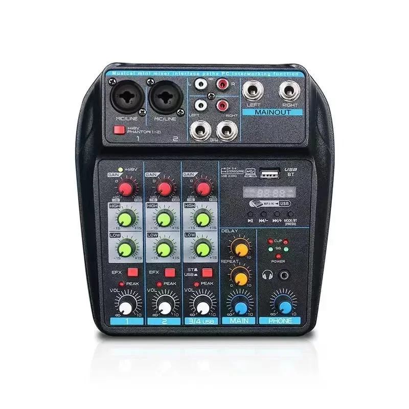 4 channel Mixer Dj Mixing Console Met Bluetooth 48V Phantom Power Monitor Karaoke Systeem Usb Mixer Audio