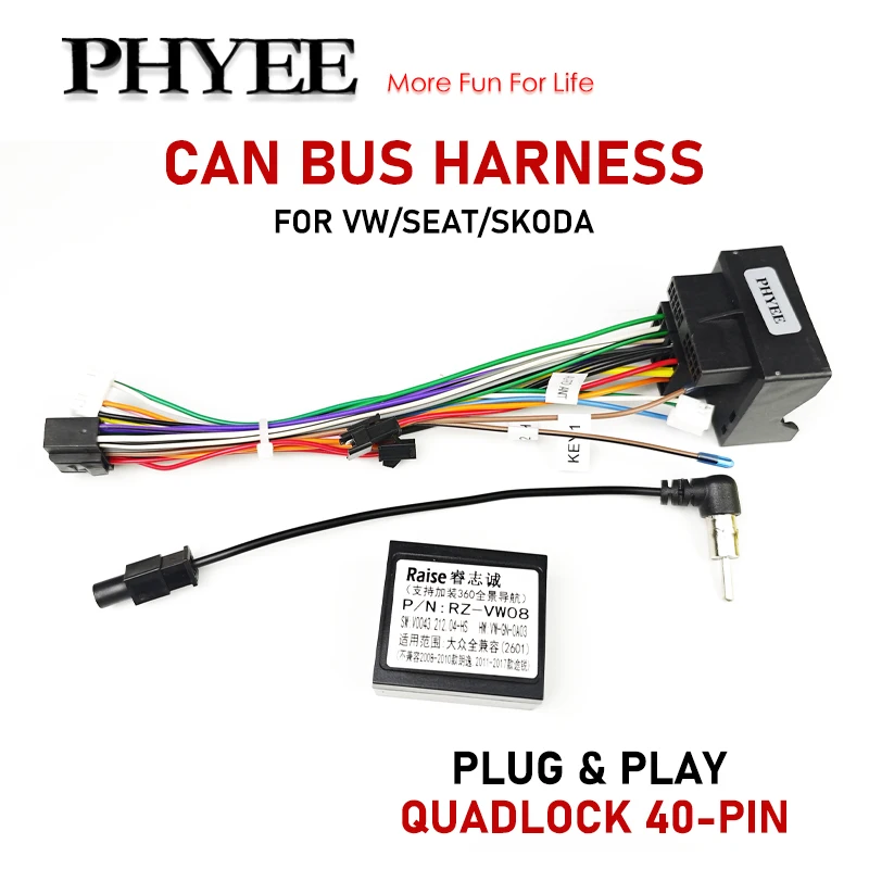 Quadlock Wiring Harness Adapter, CAN Bus Decoder, SWC, Plug & Play, 16Pin Android Radio Cable, for VW PQ35 Golf Jetta Polo Caddy